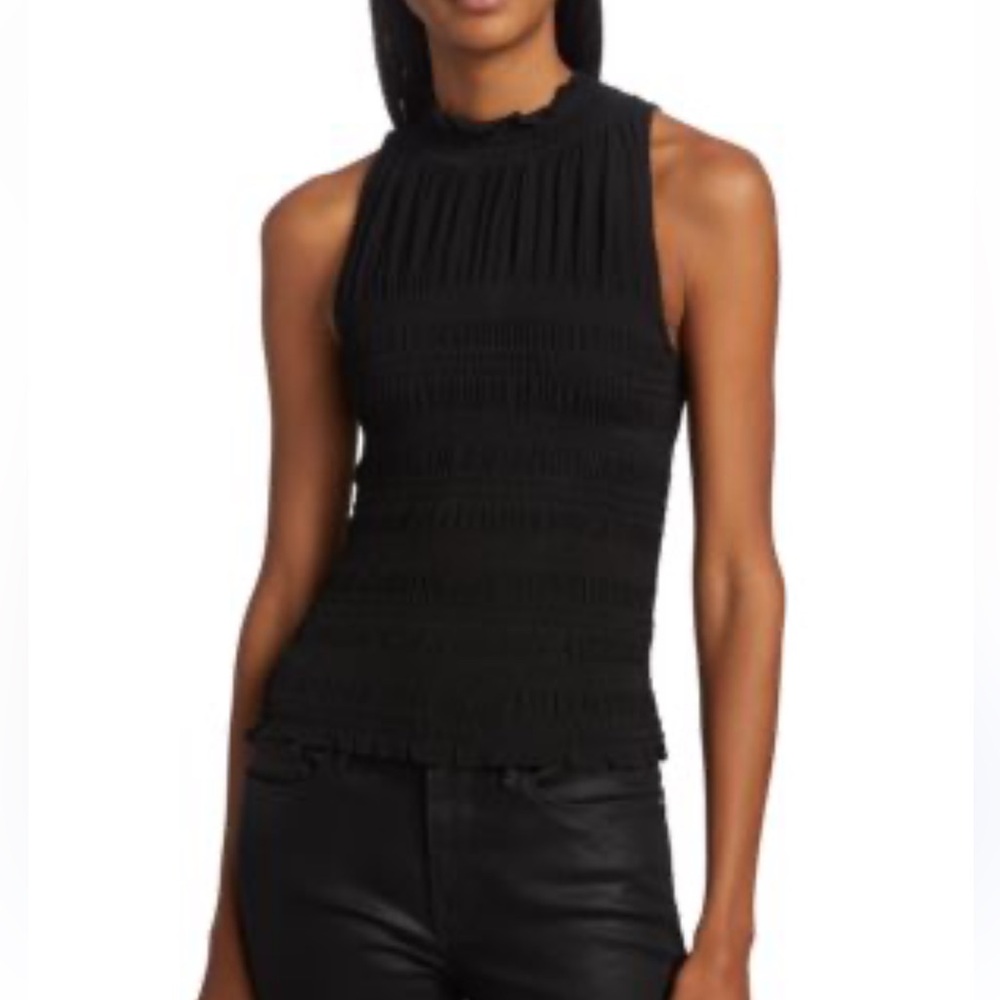 Frame Women's Black Smocked Mock Neck Sleeveless Blouse med